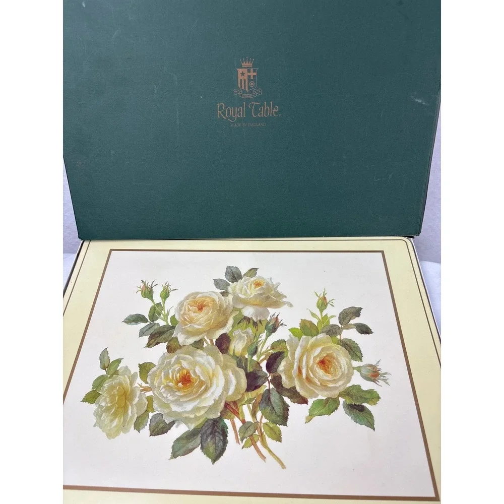 Royal Table Placemats Set of 4 Cork Backed White Yellow Roses Floral England